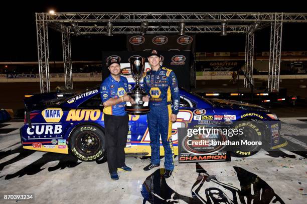 Todd Gilliland, driver of the NAPA Auto Parts Toyota, in victory lane with David Gilliland after being named 2017 NASCAR K&N Pro Series West 2017...