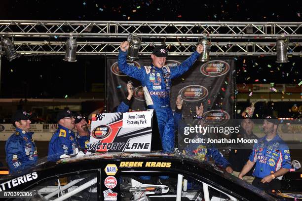Derek Kraus, driver of the Carlyle Tools Toyota, celebrates after winning the NASCAR K&N Pro Series West Coast Stock Car Hall of Fame Championship...