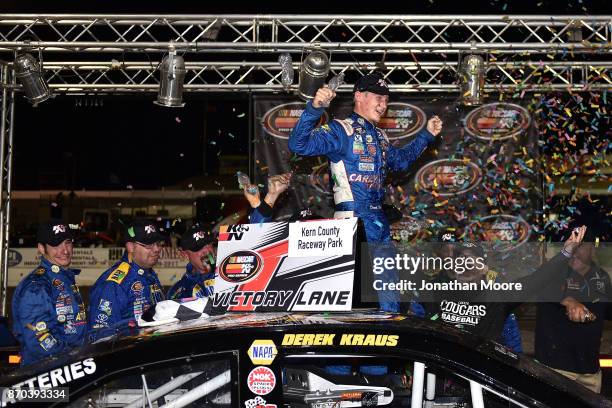 Derek Kraus, driver of the Carlyle Tools Toyota, celebrates after winning the NASCAR K&N Pro Series West Coast Stock Car Hall of Fame Championship...