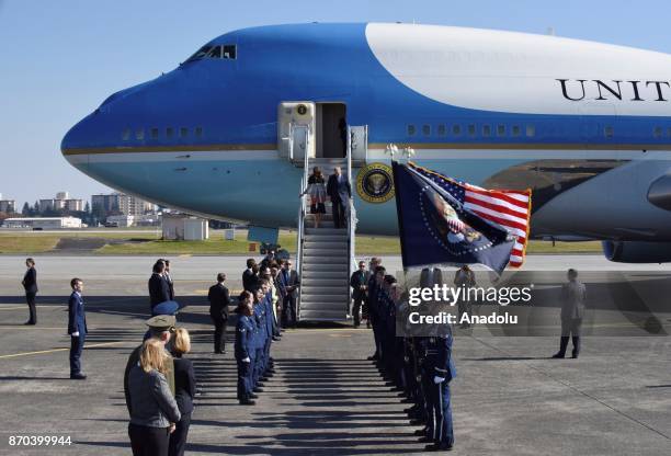 President Donald Trump and his wife Melania Trump arrive at Yokota Air Base in Tokyo, Japan on November 5, 2017.