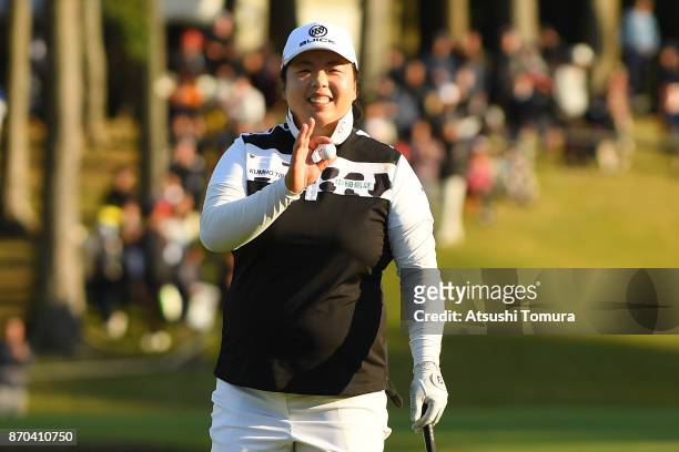 Shanshan Feng of China celebrates after winning the TOTO Japan Classics 2017 at the Taiheiyo Club Minori Course on November 5, 2017 in Omitama,...