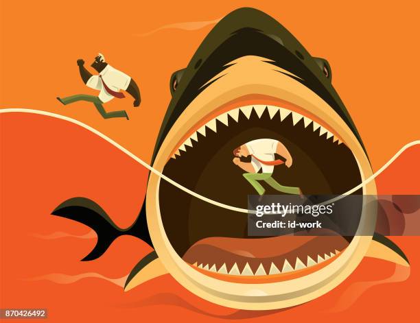 big shark attacking businessmen - great white shark stock illustrations