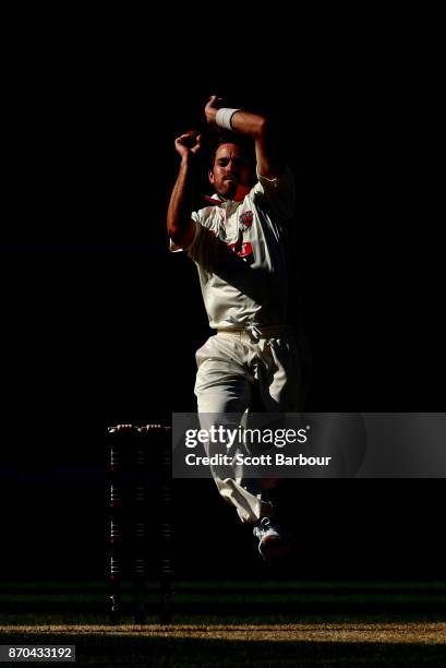 Chadd Sayers of South Australia bowls during day two of the Sheffield Shield match between Victoria and South Australia at the Melbourne Cricket...