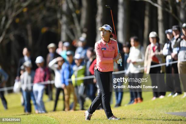 Lydia Ko of New Zealand hits her third shot on the 9th hole during the final round of the TOTO Japan Classics 2017 at the Taiheiyo Club Minori Course...