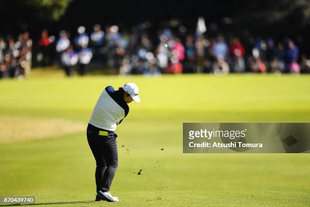 Min-Young Lee of South Korea hits her third shot on the 9th hole during the final round of the TOTO Japan Classics 2017 at the Taiheiyo Club Minori...