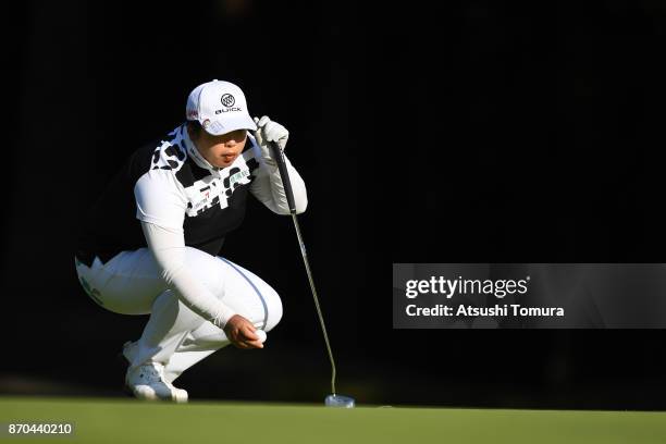 Shanshan Feng of China lines up a putt on the 16th hole during the final round of the TOTO Japan Classics 2017 at the Taiheiyo Club Minori Course on...