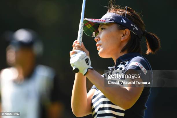 Teresa Lu of Taiwan hits her third shot on the 9th hole during the final round of the TOTO Japan Classics 2017 at the Taiheiyo Club Minori Course on...