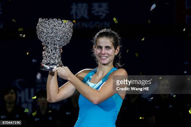 Julia Goerges of Germany celebrate with the trophy following her victory during the Ladies singles final against Coco Vandeweghe of USA on 6 day WTA...