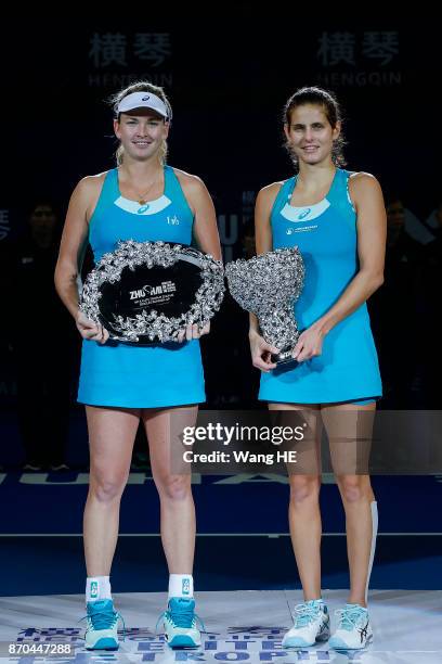 Winner Julia Goerges of Germany and runner-up Coco Vandeweghe of USA pose with their trophies following the Ladies singles final on day 6 WTA Elite...