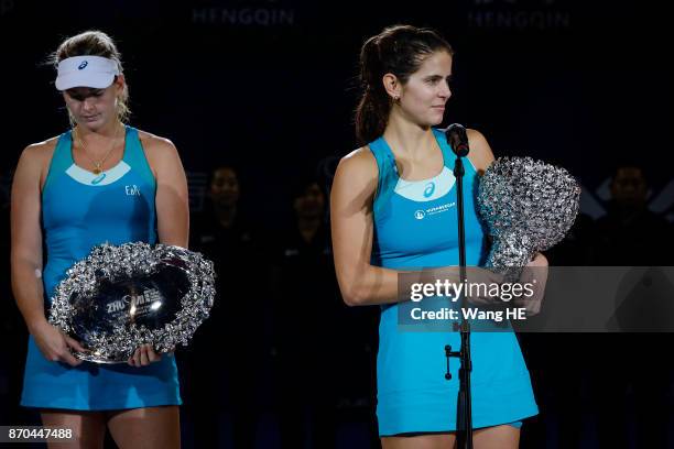 Winner Julia Goerges of Germany and runner-up Coco Vandeweghe of USA with their trophies following the Ladies singles final on day 6 WTA Elite Trophy...