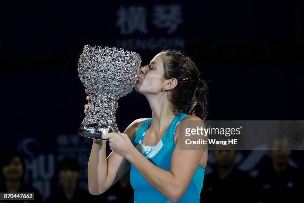 Julia Goerges of Germany celebrate with the trophy following their victory during the Ladies singles final against Coco Vandeweghe of USA on 6 day...