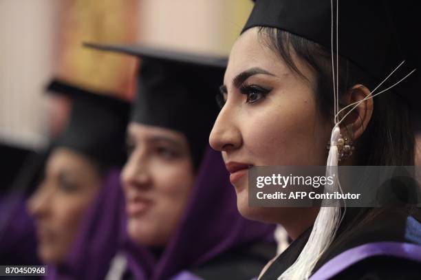 An Afghan female student looks on during the graduation ceremony of the first-ever class of Gender and Womens studies master's programme in Kabul on...