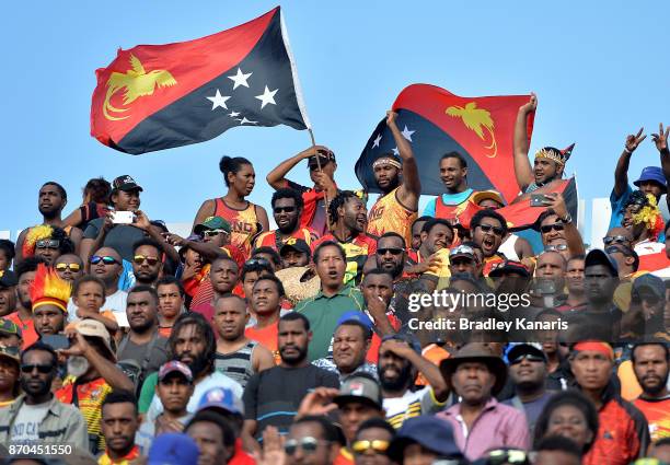 Papua New Guinean fans show their support during the 2017 Rugby League World Cup match between Papua New Guinea Kumuls and Ireland on November 5,...