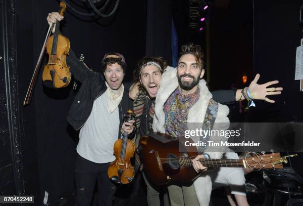 Zambricki Li, Austin Bisnow, and Brian Zaghi of Magic Giant pose during Live In The Vineyard 2017 at the Uptown Theatre on November 4, 2017 in Napa,...