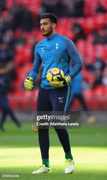 Paulo Gazzaniga of Tottenham Hotspur warms up prior to the Premier League match between Tottenham Hotspur and Crystal Palace at Wembley Stadium on...