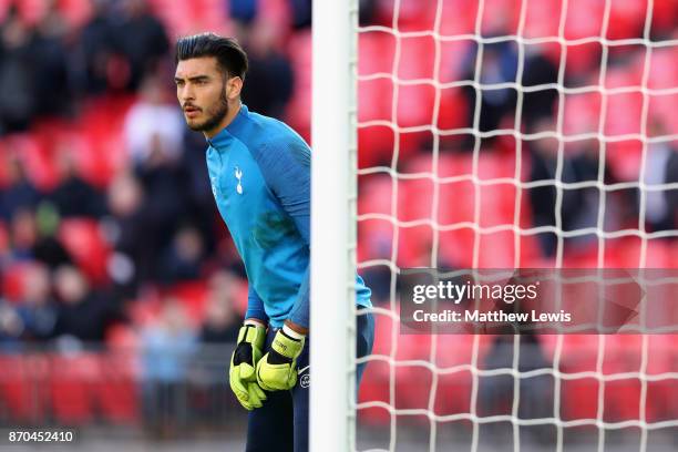 Paulo Gazzaniga f Tottenham Hotspur warms up prior to the Premier League match between Tottenham Hotspur and Crystal Palace at Wembley Stadium on...