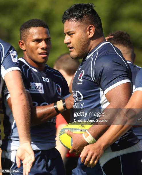 Taniela Tupou after scoring a try during the NRC Semi Final match between Queensland Country and Fijian Drua at Clive Berghofer Stadium on November...