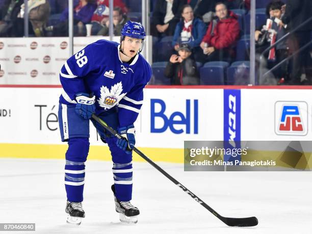 Colin Greening of the Toronto Marlies looks on during the warmup prior to the AHL game against the Laval Rocket at Place Bell on November 1, 2017 in...