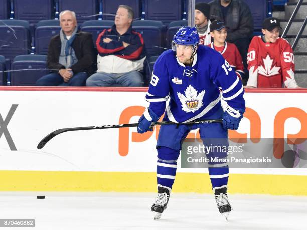 Chris Mueller of the Toronto Marlies looks on during the warmup prior to the AHL game against the Laval Rocket at Place Bell on November 1, 2017 in...