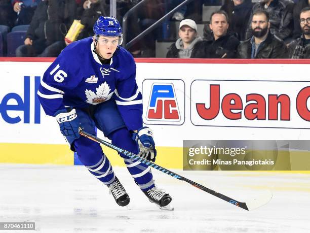 Kerby Rychel of the Toronto Marlies skates against the Laval Rocket during the AHL game at Place Bell on November 1, 2017 in Laval, Quebec, Canada....