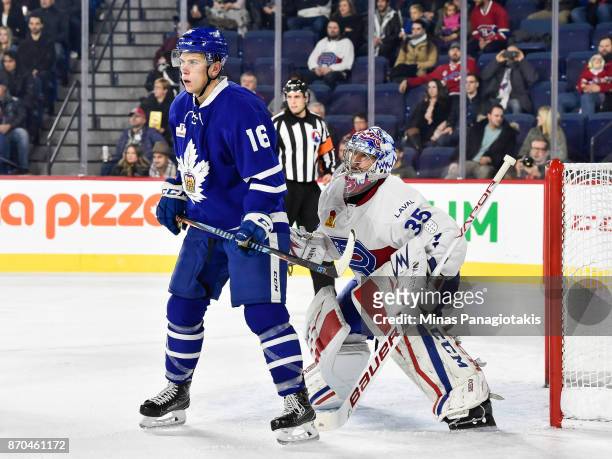 Kerby Rychel of the Toronto Marlies screens goaltender Charlie Lindgren of the Laval Rocket during the AHL game at Place Bell on November 1, 2017 in...