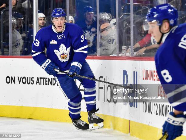 Frederik Gauthier of the Toronto Marlies skates against the Laval Rocket during the AHL game at Place Bell on November 1, 2017 in Laval, Quebec,...