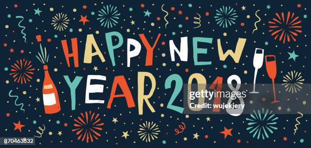 stockillustraties, clipart, cartoons en iconen met new year's banner met vuurwerk op de achtergrond - 2018 new year vector