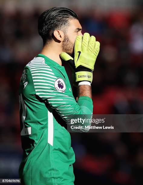 Paulo Gazzaniga of Tottenham Hotspur in action during the Premier League match between Tottenham Hotspur and Crystal Palace at Wembley Stadium on...
