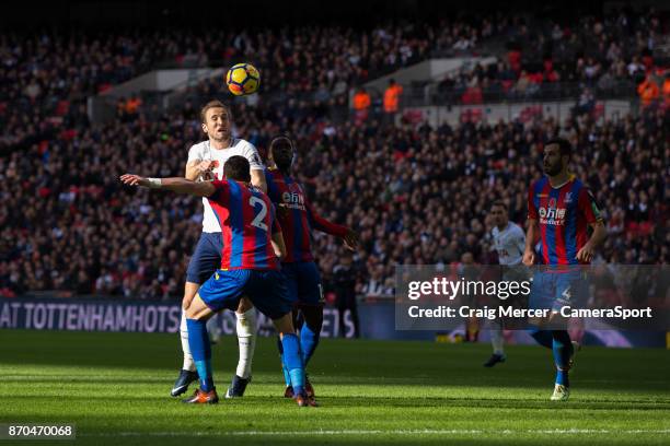 Tottenham Hotspur's Harry Kane gets a header on goal during the Premier League match between Tottenham Hotspur and Crystal Palace at Wembley Stadium...