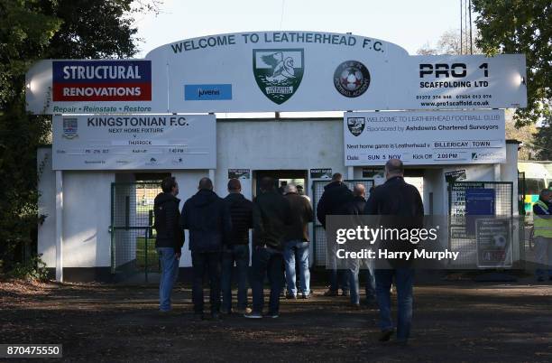 General view oustide the stadium prior to The Emirates FA Cup First Round match between Leatherhead and Billericay Town on November 5, 2017 in...