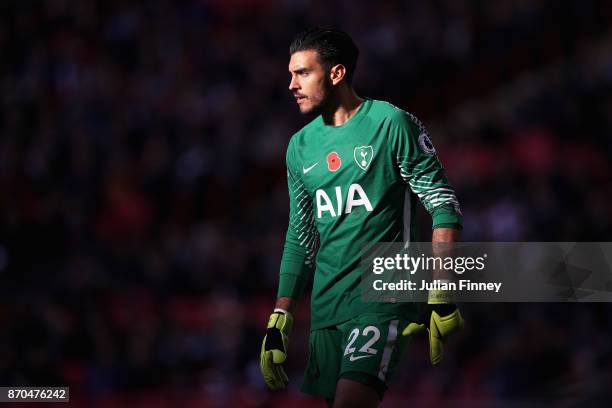 Paulo Gazzaniga of Tottenham Hotspur looks on during the Premier League match between Tottenham Hotspur and Crystal Palace at Wembley Stadium on...