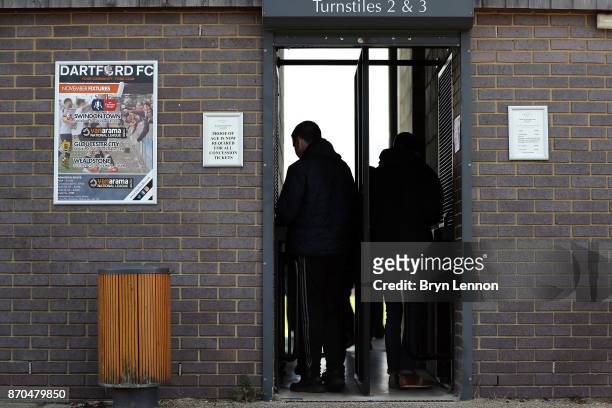 Fans arrive ahead of The Emirates FA Cup first round match between Dartford and Swindon Town at the Princes Park Stadium on November 5, 2017 in...