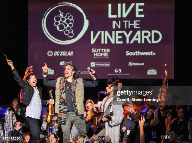 Zambricki Li, Austin Bisnow and Zang of Magic Giant perform on Day 3 of Live In The Vineyard 2017 at the Uptown Theatre Napa on November 4, 2017 in...