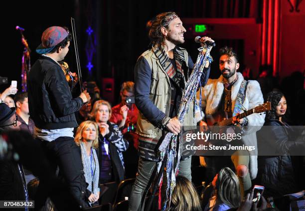 Zambricki Li, Austin Bisnow and Zang of Magic Giant perform on Day 3 of Live In The Vineyard 2017 at the Uptown Theatre Napa on November 4, 2017 in...