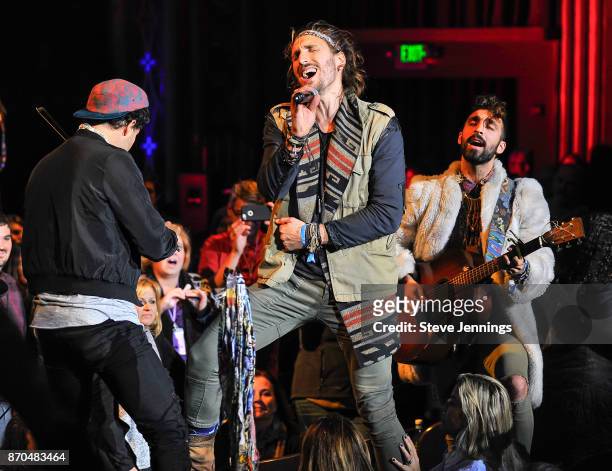 Zambricki Li, Austin Bisnow and Zang of Magic Giant perform on Day 3 of Live In The Vineyard 2017 at the Uptown Theatre Napa on November 4, 2017 in...