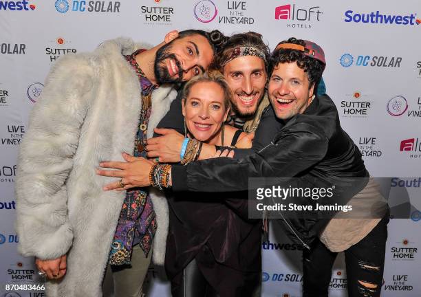 Live In The Vineyard Founder Bobbie Hach-Jacobs poses with Zang, Austin Bisnow and Zambricki Li of Magic Giant on Day 3 of Live In The Vineyard at...