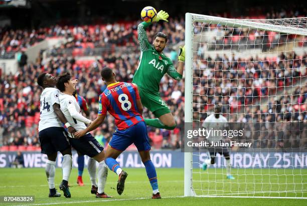 Paulo Gazzaniga of Tottenham Hotspur makes a save during the Premier League match between Tottenham Hotspur and Crystal Palace at Wembley Stadium on...