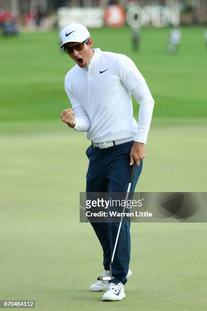 Dylan Frittelli of South Africa celebrates a birdie on the 18th green during the final round of the Turkish Airlines Open at the Regnum Carya Golf &...