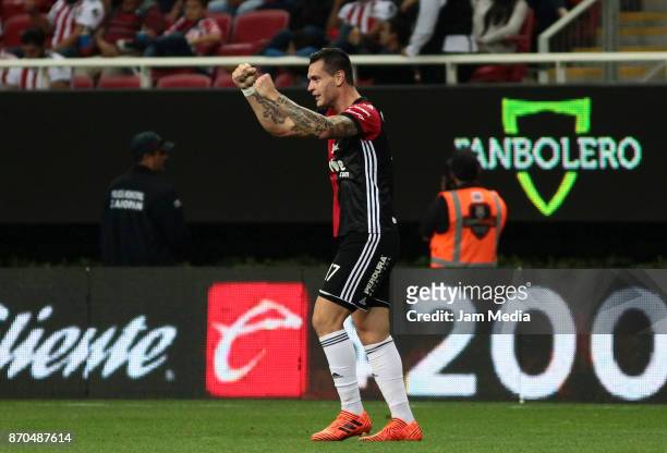 Milton Caraglio of Atlas celebrates after scoring the first goal of his team during the 17th round match between Chivas and Atlas as part of the...
