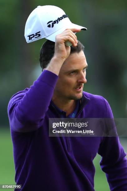 Justin Rose of England acknowledges the crowd on the 18th green during the final round of the Turkish Airlines Open at the Regnum Carya Golf & Spa...