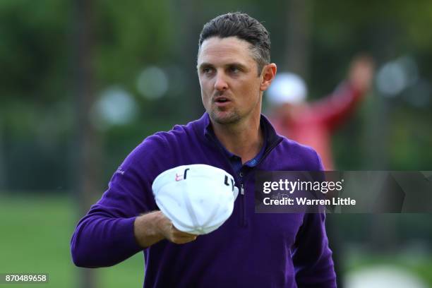 Justin Rose of England acknowledges the crowd on the 18th green during the final round of the Turkish Airlines Open at the Regnum Carya Golf & Spa...