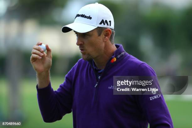 Justin Rose of England acknowledges the crowd on the 18th green during the final round of the Turkish Airlines Open at the Regnum Carya Golf & Spa...