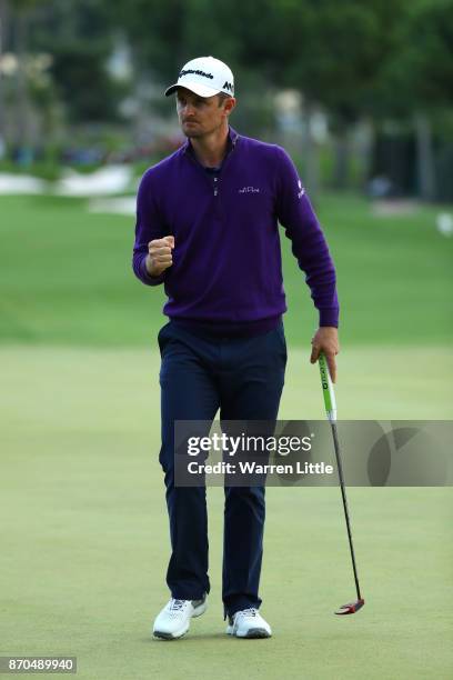 Justin Rose of England reacts on the 18th green during the final round of the Turkish Airlines Open at the Regnum Carya Golf & Spa Resort on November...