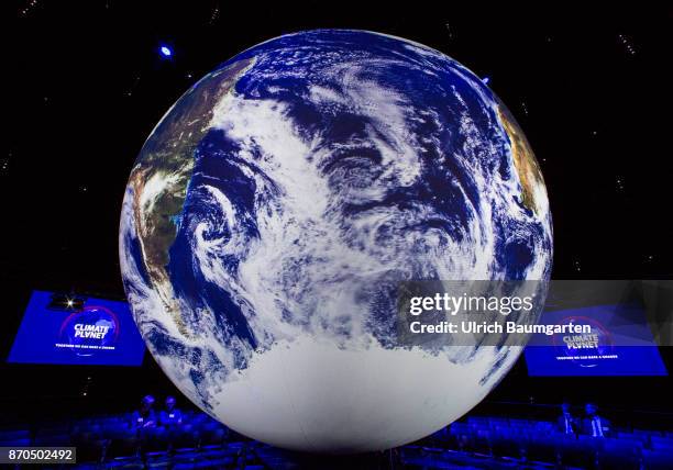 Climate Conference in Bonn. Interior view of the Climate Planet. The installation provides the inside, on a globe with 360 degree screen, a unique...