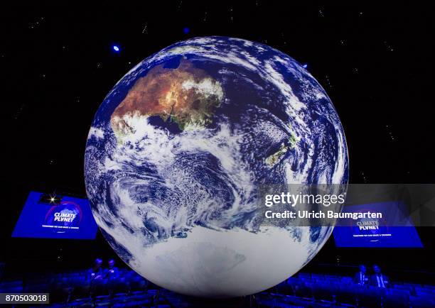 Climate Conference in Bonn. Interior view of the Climate Planet. The installation provides the inside, on a globe with 360 degree screen, a unique...