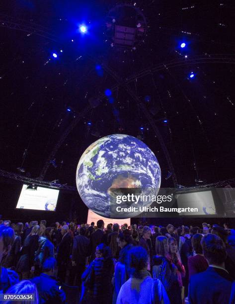 Climate Conference in Bonn. Interior view of the Climate Planet. The installation provides the inside, on a globe with 360 degree screen, a unique...