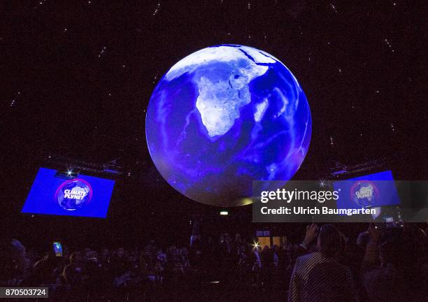 Climate Conference in Bonn. Interior view of the Climate Planet. The installation provides the inside, on a globe with 360 degree screen, a unique...