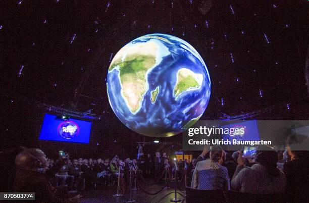 Climate Conference in Bonn. Interior view of the Climate Planet. The installation provides the inside, on a globe with 360 degree screen, a unique...