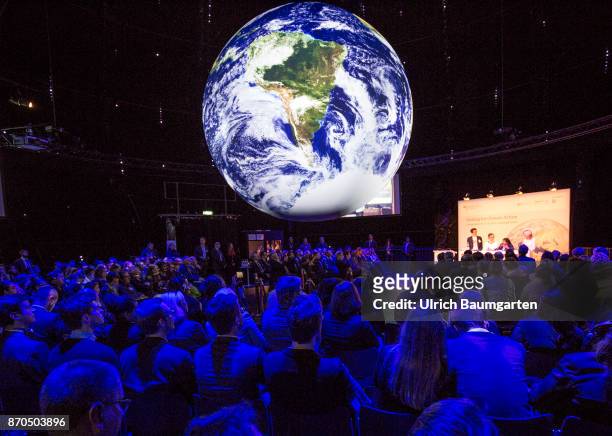 Climate Conference in Bonn. Interior view of the Climate Planet. The installation provides the inside, on a globe with 360 degree screen, a unique...