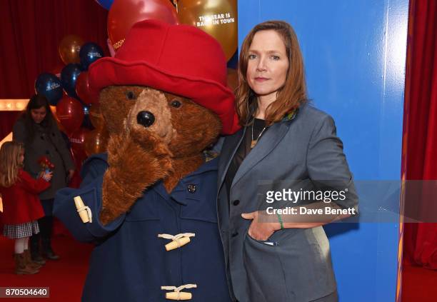 Jessica Hynes poses with Paddington Bear at the World Premiere of "Paddington 2" at Odeon Leicester Square on November 5, 2017 in London, England.